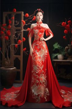 Chinese Wedding Cheongsam, Chinese Style Wedding Dress, Modern Chinese Wedding Dress, Red Chinese Wedding Dress, Wedding Dress Fantasy, Tea Ceremony Dress, Asian Inspired Wedding, Chinese Bride, Wedding Cheongsam