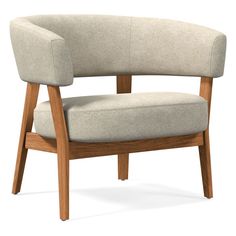 a gray chair with wooden legs and armrests