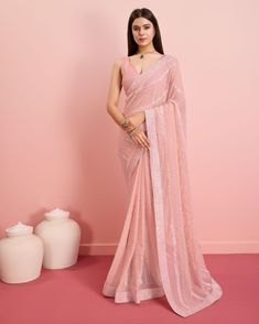 Girlish Saree, Peach Color Saree, Saree Georgette, Peach Saree, Bollywood Dress, Indian Party Wear