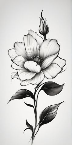 a black and white drawing of a flower with leaves on the bottom half of it