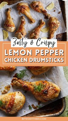 lemon pepper chicken drumsticks on a baking sheet with the words besty and crispy