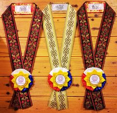 three ribbons are hanging on the wall in front of a wood paneled wall with two badges attached to them