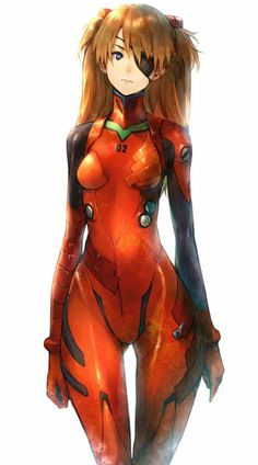 an anime character with long hair and orange bodysuit standing in front of a black background