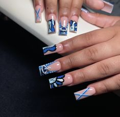 Cute Nail Ideas With Diamonds, Acrylic Nail Freestyle Designs, Back To School Nails Medium Square, Pink Kaws Acrylic Nails, Blue Kaws Nails Design, Kaws Nails Blue, Short Nail Freestyle, Kaw Nails Short, Bad And Boujee Nails Medium