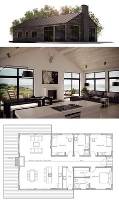 the floor plan for this modern house is very large and has two separate living areas