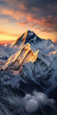 the top of a mountain is covered in snow and clouds as the sun goes down