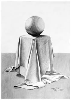 a pencil drawing of a table cloth with an apple on top