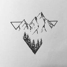 a black and white drawing of mountains with trees