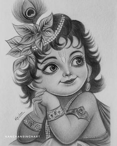 Kanha Pencil Sketch, Krishna Bhagwan Drawing Sketch, Krishna Shading Drawing, Krishna Pencil Sketch Art, Gods Sketches Pencil, Sketches Pencil Cartoon, Janmastami Drawing Ideas, Bal Krishna Sketch, Asthetic Drawings Pencil