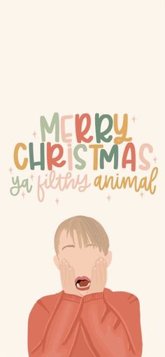 a child covering his face with the words merry christmas ya hear's animal on it