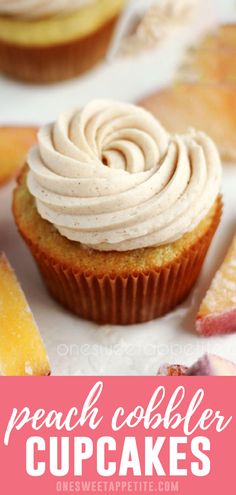 peach cobbler cupcakes with frosting on top