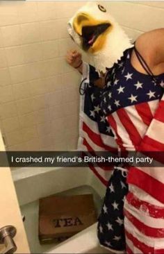 a woman in an american flag outfit is brushing her teeth and the caption reads, i crashed my friend's british - themed party