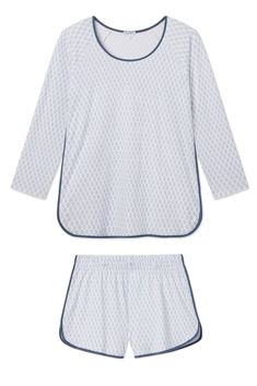 Pima Long-Short Set in Sea Depth Blockprint Coastal Pajama Set, Summer Leisure Pajama Shorts With Built-in Shorts, Cotton Pajama Shorts With Built-in Shorts For Beach Season, Playful Blue Cotton Pajama Shorts, Lake Pajamas, Playful Cotton Pajama Shorts With Built-in Shorts, Scoop Neck Top, Pajama Top, Long Shorts