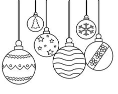 christmas ornaments hanging from the ceiling with snowflakes and stars on them in black and white