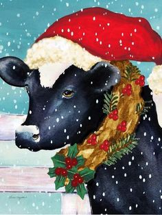 a painting of a cow wearing a santa hat and wreath on it's head