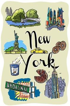 the words new york are written in black ink on a beige background with illustrations of landmarks