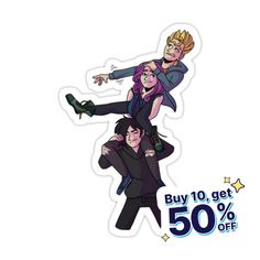 an image of three people on top of each other with the text buy 10 get 50 % off