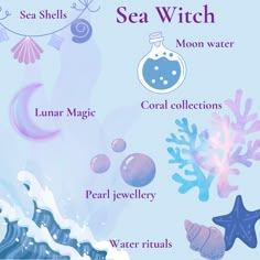 an ocean scene with the words sea witch written in different languages and pictures on it