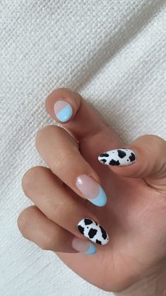 rachel.passarelli on Instagram: A lil nail glow up from yesterday✨💅 what do you think? Yay or nay?👀 Cow nails Blue tip nails Fake nails Rachel.Passarelli Cowprint French Tip Nail Design, Blue Cow Print Nail Ideas, Costal Cowgirl Nails, Cow Themed Nails, Cute Easy Fall Nails, Blue Cow Nails