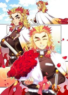 two anime characters with red hair holding flowers