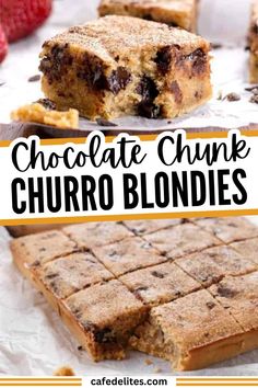 chocolate chunk churro blondies with text overlay