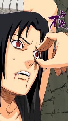 an anime character with black hair and red eyes holding his hand up to his face