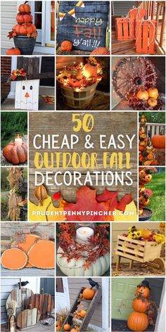 an outdoor fall decoration collage with pumpkins and other decorations