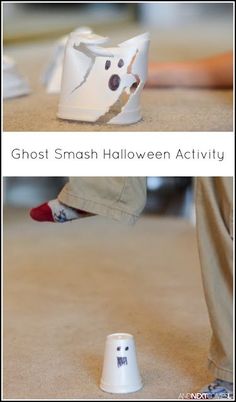 two pictures with the same shoes and one has a hole in it that says ghost smash halloween activity