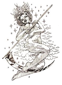 an ink drawing of a man with a spear in his hand and stars around him