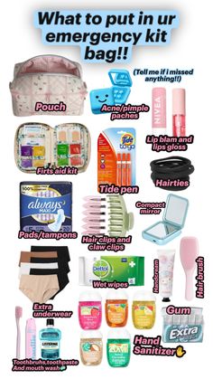 Emergency kit bag🚨 6th Grade Survival Kit, Emergency Kit Bag, Agenda Scrapbook, Hygiene Kit, Extra Gum, Road Trip Kit, School Emergency Kit, Makeup Beauty Room, Fun Drink Recipe