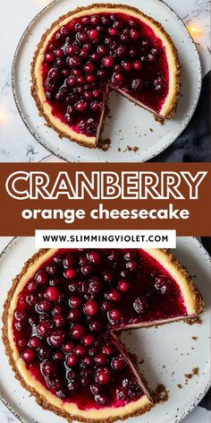 an image of a slice of cranberry orange cheesecake on a white plate