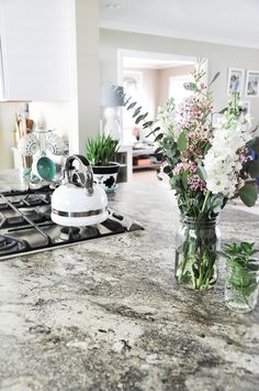 a vase filled with flowers sitting on top of a counter next to a gas stove