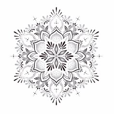 a black and white drawing of a snowflake with leaves on it's side