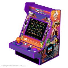 an old school arcade machine with many characters on the front and side panels, all in purple