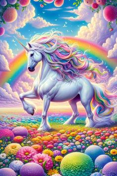 a painting of a white unicorn with rainbows in the sky and flowers around it