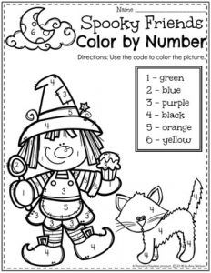 the color by number worksheet for halloween with a witch and her cat on it