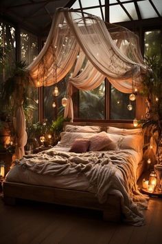 a bed sitting under a canopy in a room with lots of lights on the ceiling