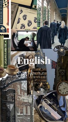 the collage shows many different things that are in english and other language, including books