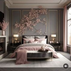 a bedroom with grey walls and pink bedding, an art work on the wall