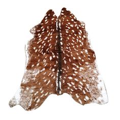 two brown and white deer hides are shown on a white background, with one animal's tail visible