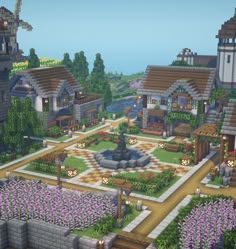 Minecraft Survival World Layout, Build Ideas In Minecraft, Minecraft Raised Garden, Medieval Town Square Minecraft, Minecraft World Ideas Aesthetic, Aesthetic Minecraft Build Ideas, Mc Castle Ideas, Cherry Biome Builds, Houses In Minecraft Ideas