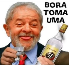 an old man holding a glass and bottle with the caption bora toma uma