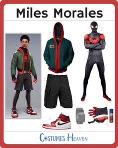 an image of some clothes and shoes for miles morales from spiderman into the spider verse