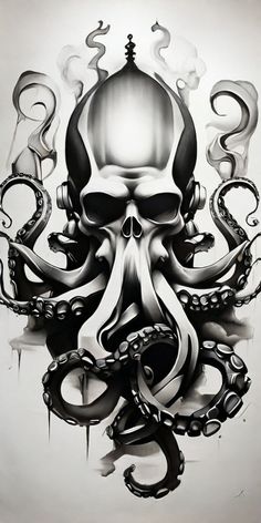 an octopus with a skull on it's head and tentacles around it, in black and white