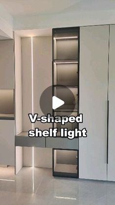 an empty room with white walls and cabinets in it, the words v shaped shelf light are