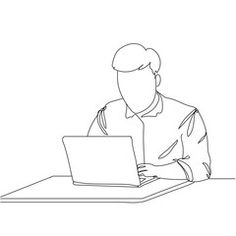 a person sitting at a table with a laptop in front of them, one line drawing