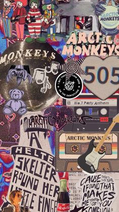 a collage of various stickers and decals from around the world, including music memorabilia