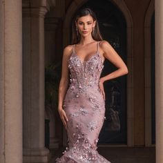 The Exquisite Floral Mermaid Gown Is A Perfect Choice For Your Formal Event. Every Detail Of This Gownfrom The Fitted Silhouette To Its Sheer Boned Bodicewill Capture All The Attention At Your Party! The Dress Is Embroidered With A Three-Dimensional Floral Appliqu That Adds An Extra Touch Of Elegance. The Tiered, Layered Skirt Falls Below The Knee And Moves Beautifully As You Walk. Thin Straps Complete This Refined Look. Length: Long Color: Mauve Neckline: Illusion Sweetheart Silhouette: Mermaid Mermaid Dress Plus Size, Sleeveless Mermaid Dress, Ariel Wedding, Long Mermaid Dress, Purple Wedding Dress, Mauve Wedding, Royal Blue Prom Dresses, Cinderella Dresses, Glamorous Dresses