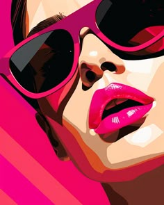 a woman with pink lipstick and sunglasses on her face is shown in this digital painting