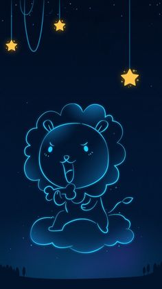 a cartoon lion sitting on top of a cloud in the sky with stars hanging from it's sides